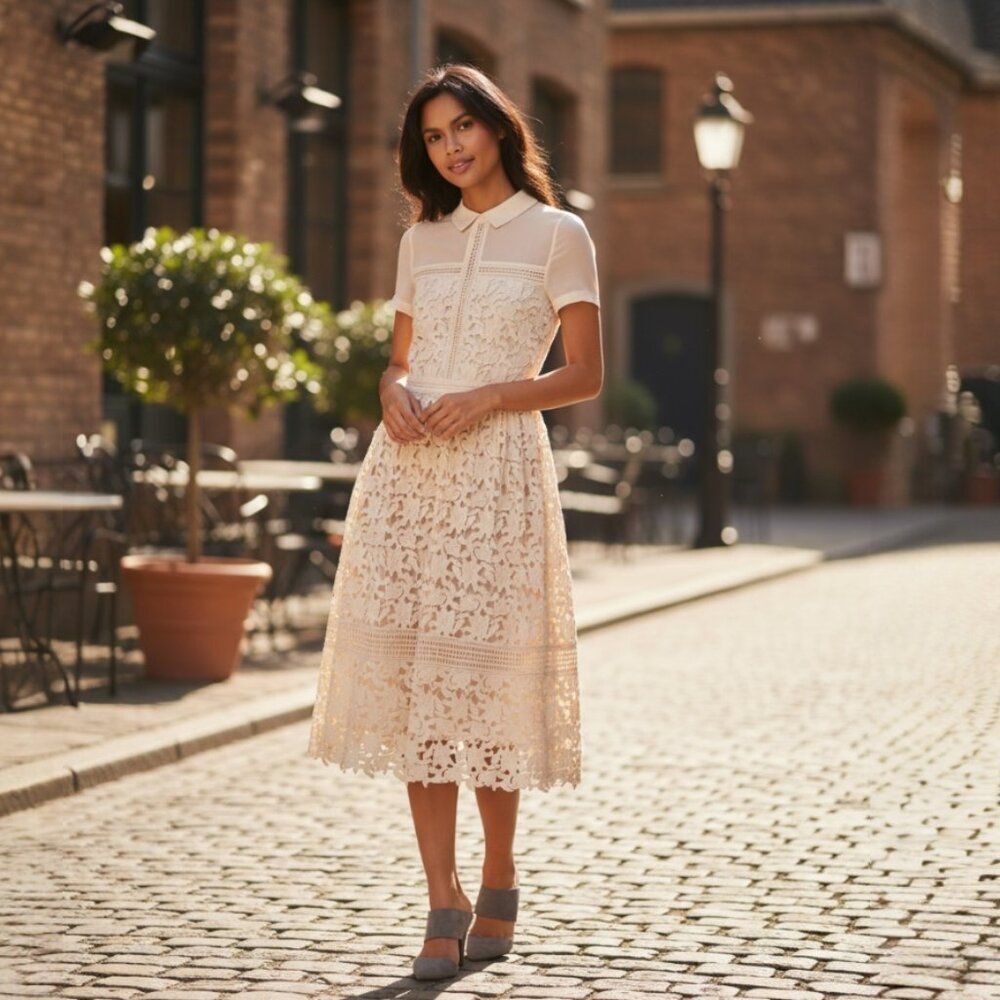 Warehouse Lace Midi Dress Cream Sz 2 Romantic Boho Coquette Fairy